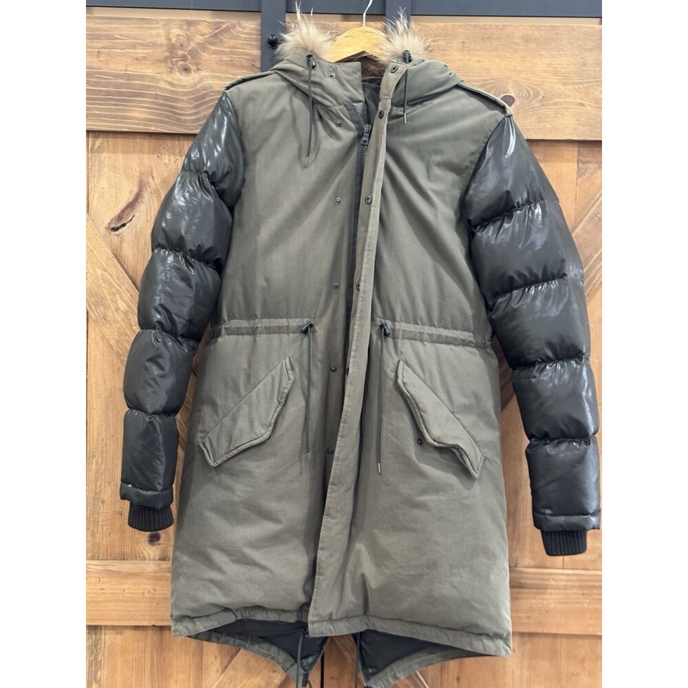Izzuextreme Army Green Down Puffer Parka Jacket Faux Fur Hood Women's Sz 4